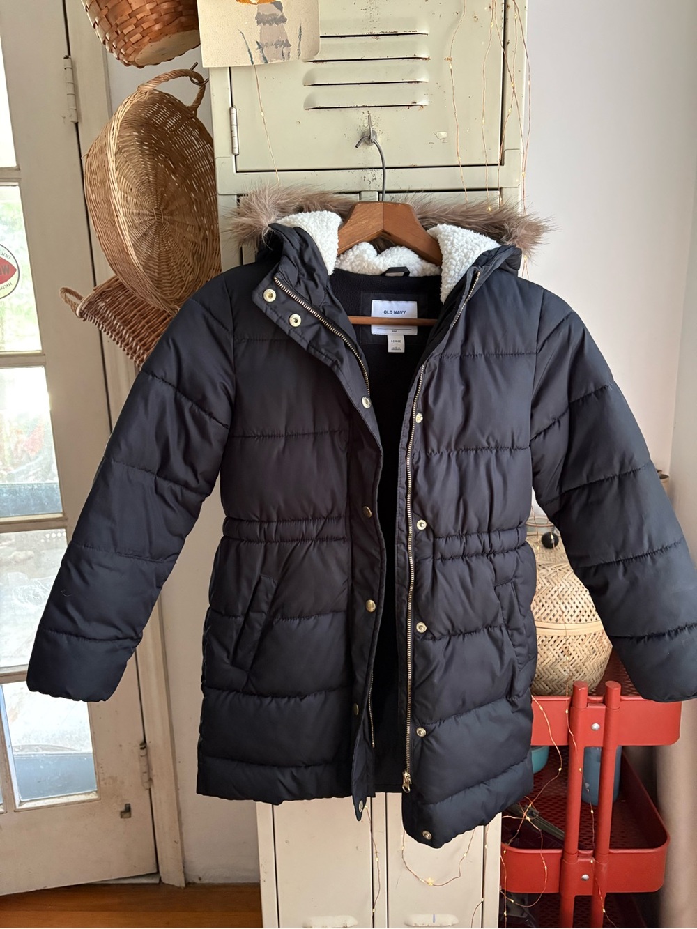 Kids winter long puffer jacket with fur hood